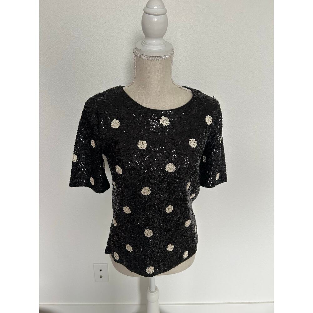 J. Crew Black and White Polka Dot Sequin T-Shirt - S